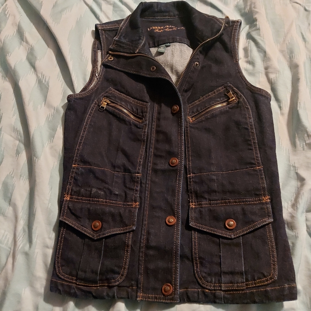 Sleeveless Dark Blue Denim Utility Vest Jacket